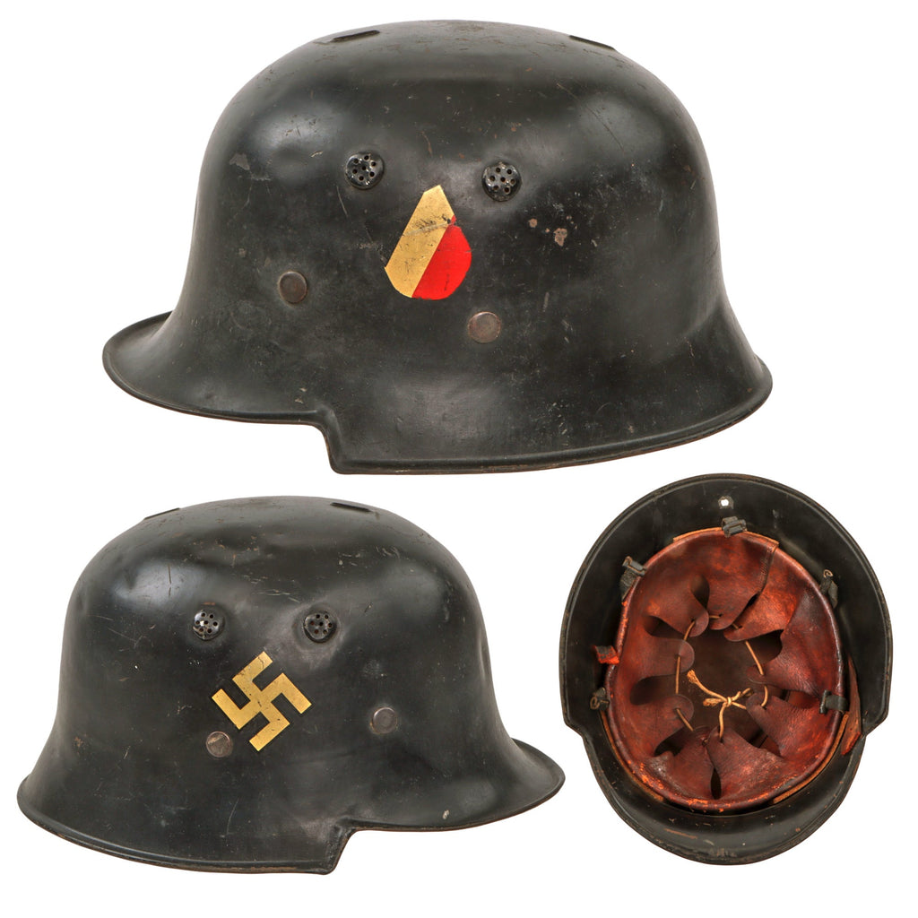 Original German Pre-WWII M34 Square Dip First Pattern Fire Protection Police Helmet with Double Decals - Removed Comb Original Items