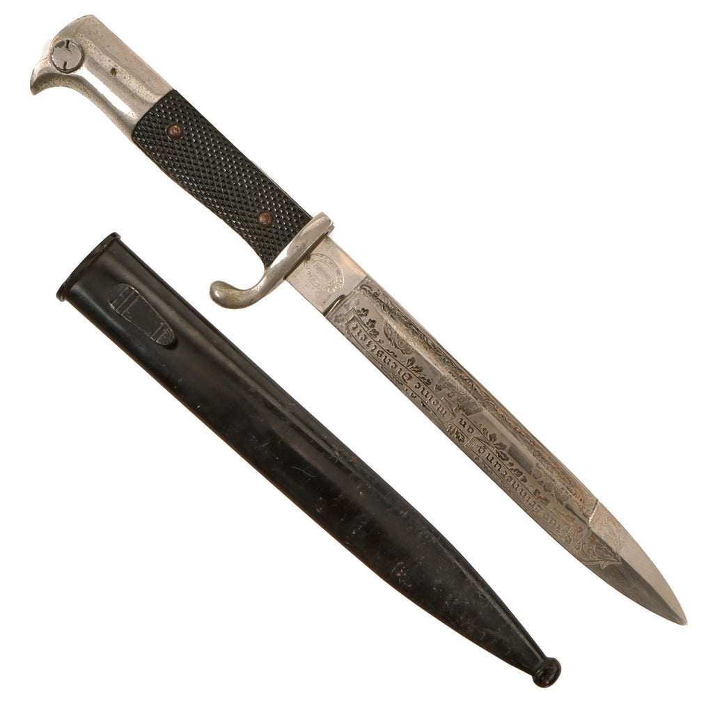 Original German WWII Heer Army Artillery Double Etched Short 98k Dress Bayonet by F.W. Höller with Scabbard Original Items