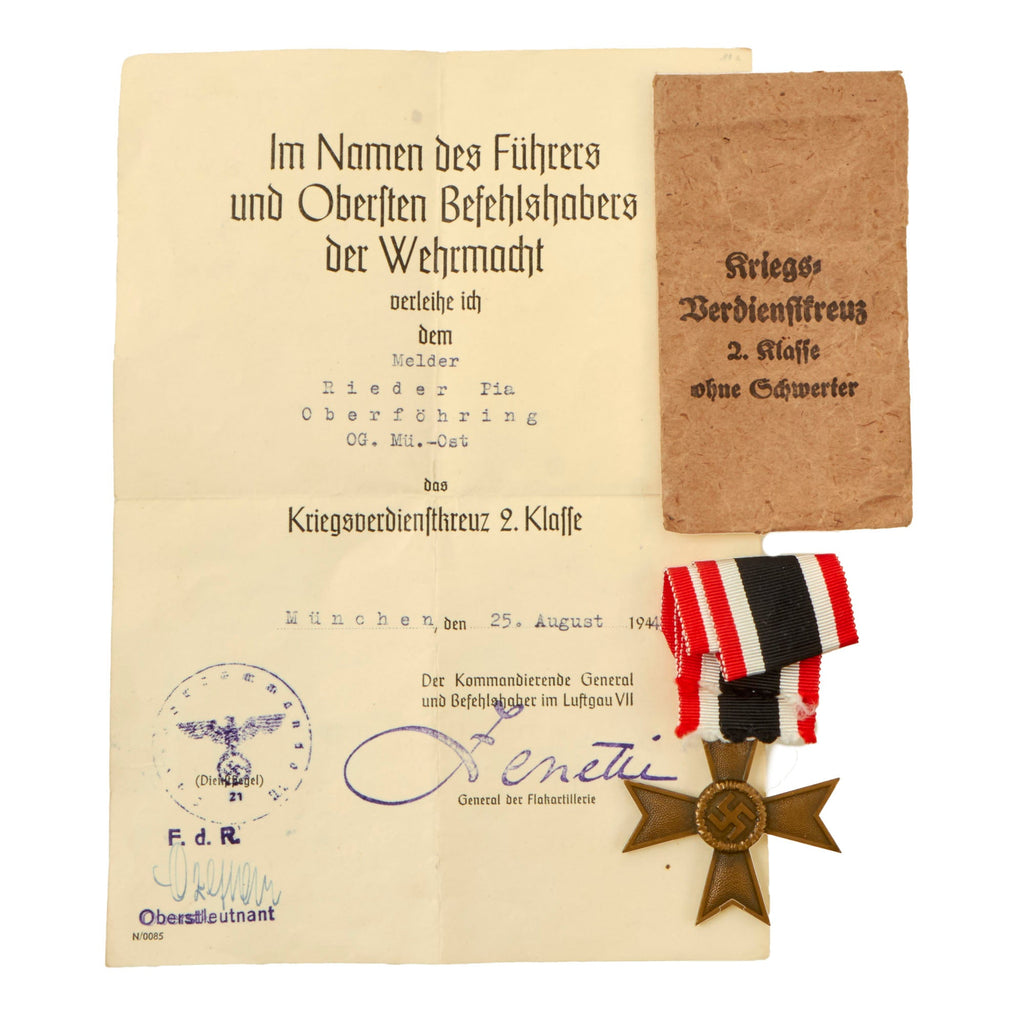 Original German WWII War Merit Cross 2nd Class with Named Award Document and Packet  - KvKII Original Items