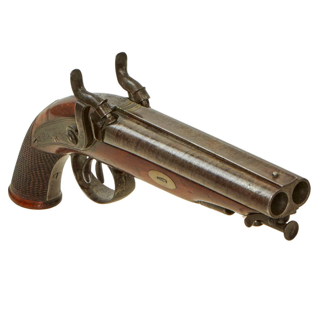 Original British Victorian Double Barrel 32 Bore Percussion Pistol by W. Griffith with Damascus Barrels & Captured Ramrod - Circa 1850 Original Items