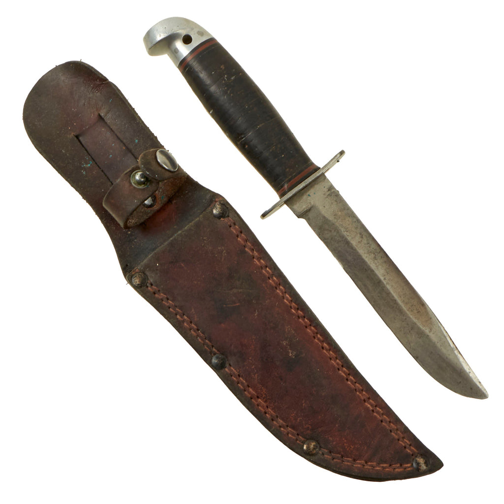 Original U.S. WWII Western G-46-6 "Shark" Fighting Knife with Correct Leather Scabbard & Worn-Down Blade Original Items