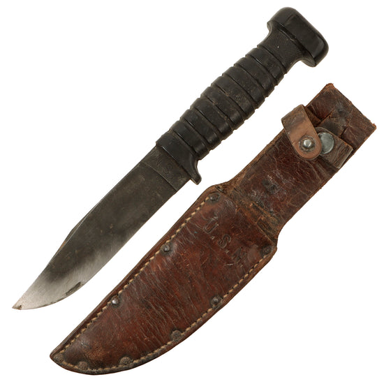 Original U.S. WWII Navy USN Mark 1 Fighting Knife by COLONIAL with Leather Scabbard Original Items