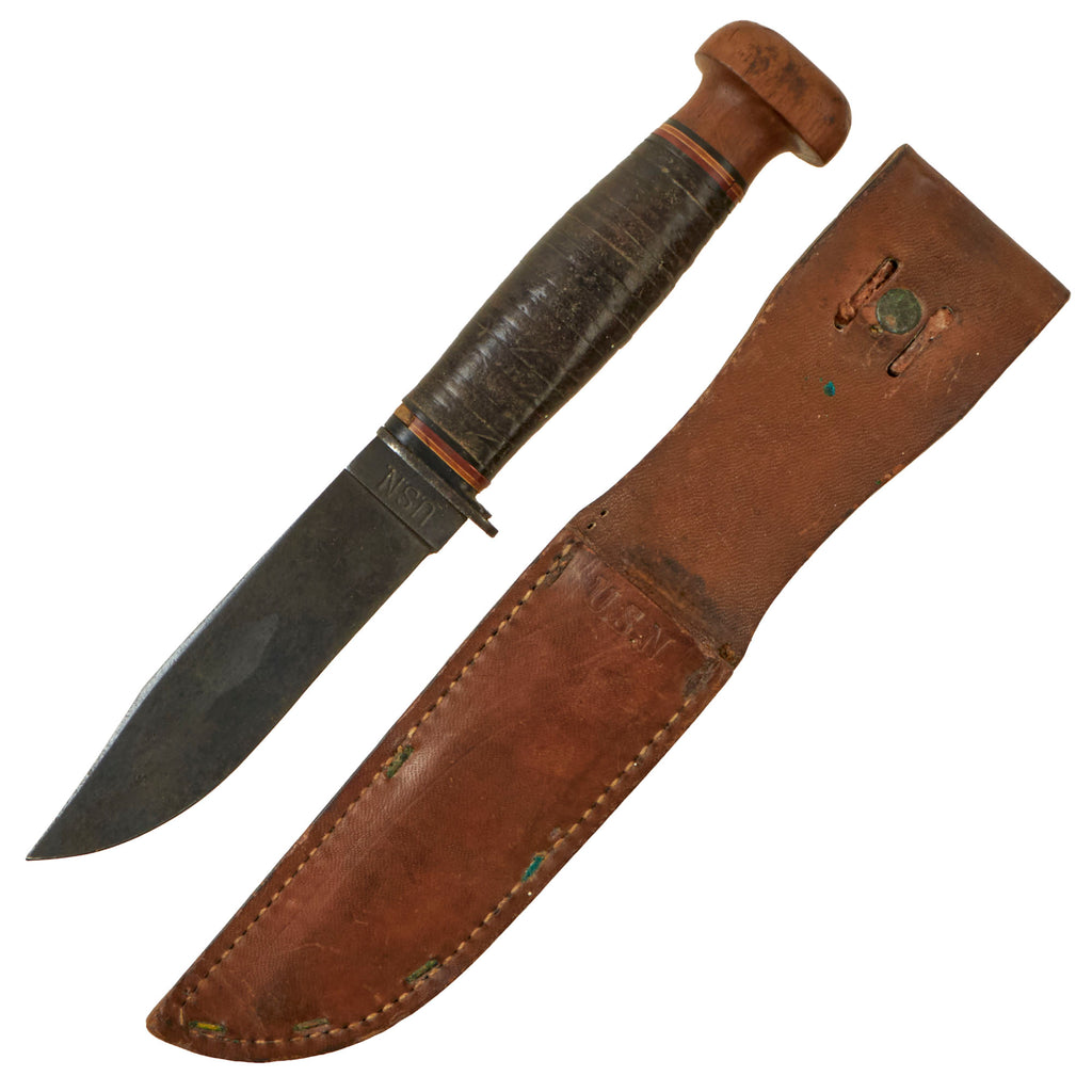 Original U.S. WWII USN Mark 1 Robeson ShurEdge No. 20 Fighting Knife with Wood Pommel and Leather Scabbard Original Items