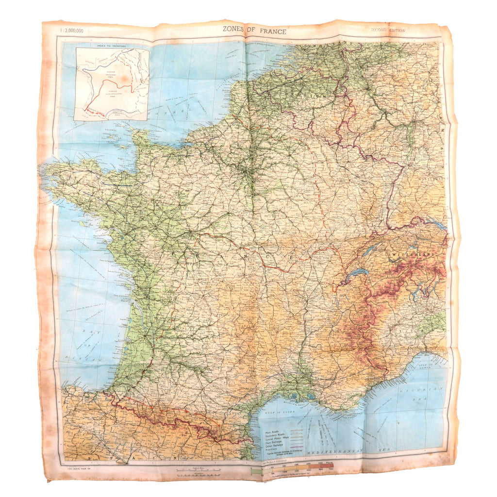 Original U.S. WWII Airborne "Zones of France" D-Day Silk Map - Dated March 1944 - WEA Western European Area - 22 ½” x 24” Original Items