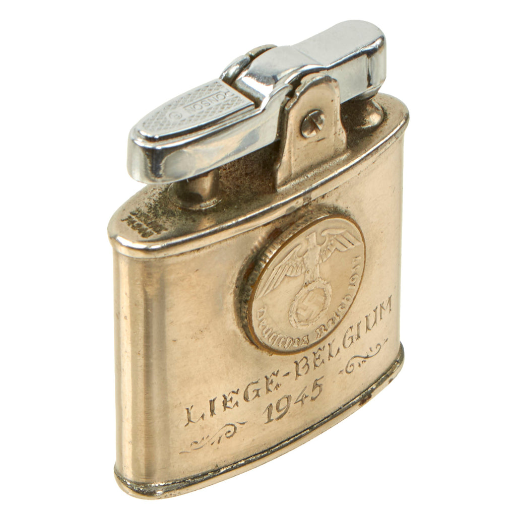 Original U.S. WWII Named Liege-Belgium 1945 Customized Lighter with German Coin by Ronson - C.F. Buckley Original Items
