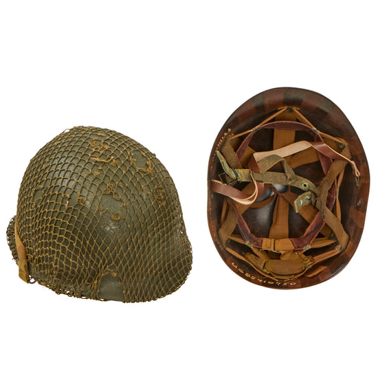 Original U.S. WWII Rear Seam Swivel Bale McCord M1 Helmet with Converted Paratrooper Seaman Paper Company Liner with Korean War Name & Serial Number Original Items