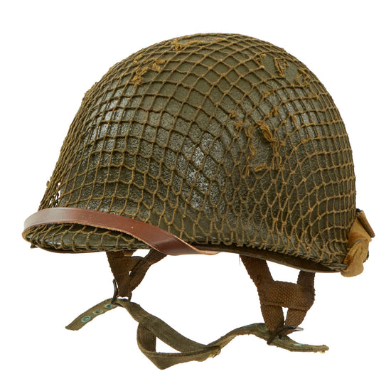 Original U.S. WWII Rear Seam Swivel Bale McCord M1 Helmet with Converted Paratrooper Seaman Paper Company Liner with Korean War Name & Serial Number Original Items