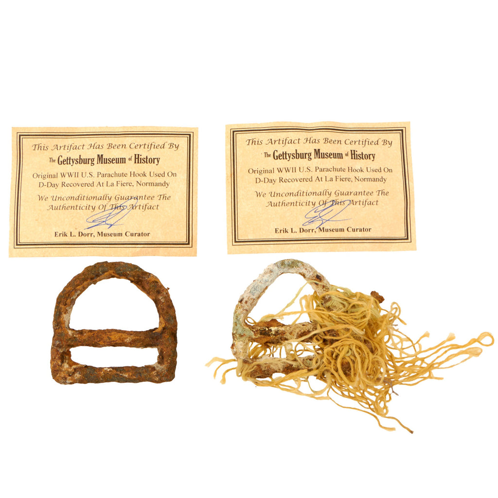 Original U.S. WWII D-Day Pair of Parachute Hooks Recovered at La Fiere, Normandy with Certificates of Authenticity Original Items