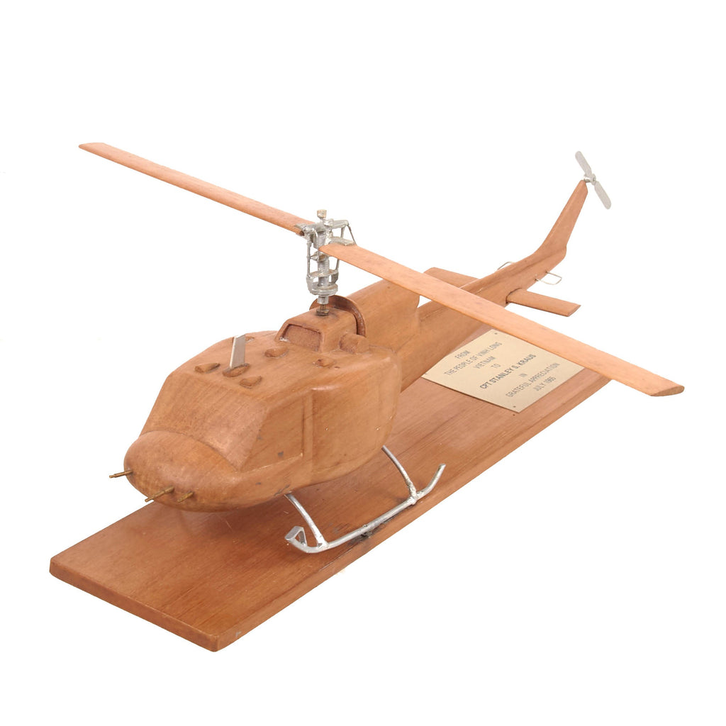 Original U.S. Vietnam War Wooden Helicopter Carving Presented to Captain Stanley S. Kraus by the People of Vinh Long, Vietnam in 1965 - Broken Original Items