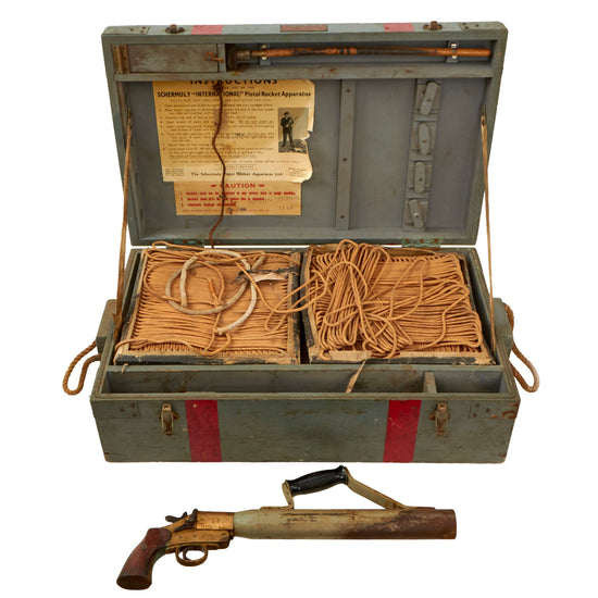 Original British WWII Japanese-Issued International Schermuly Pistol Rocket Apparatus Rescue Line Thrower Set in Case - Missing Rockets Original Items