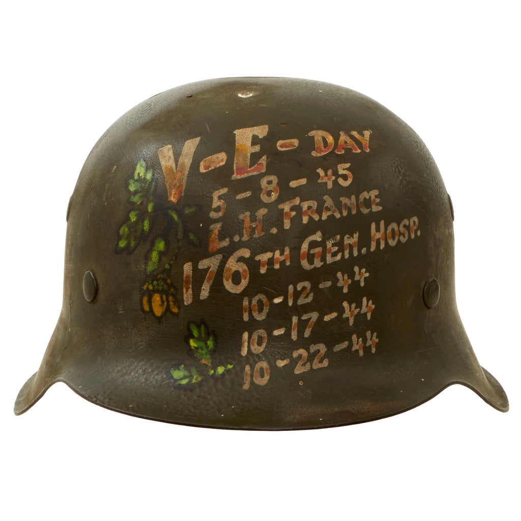 Original German WWII USGI Decorated 176th General Hospital M42 Army Heer Helmet with Inscribed Relic Liner - Stamped NS64 Original Items