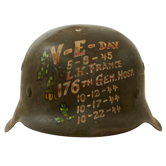 Original German WWII USGI Decorated 176th General Hospital M42 Army Heer Helmet with Inscribed Relic Liner - Stamped NS64 Original Items