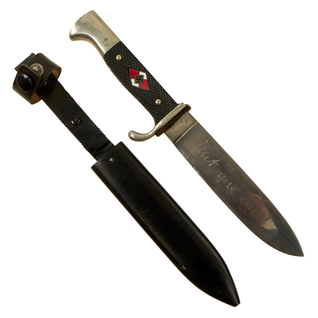 Original German WWII 1938 Dated Transitional HJ Knife with Motto by WKC Waffenfabrik with Scabbard - RZM M7/42 Original Items