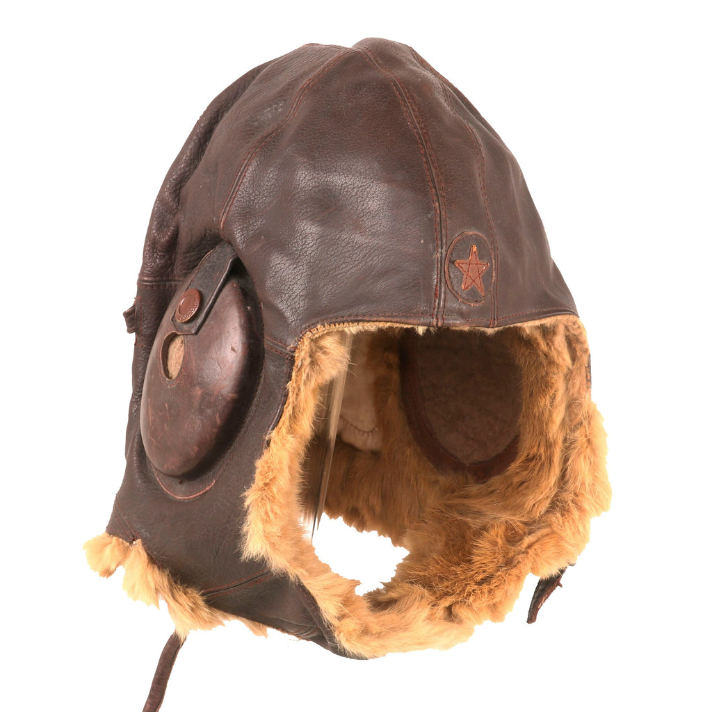 Original Japanese WWII Imperial Japanese Army Air Service Fur Lined Leather Flight Helmet with Avionics Original Items