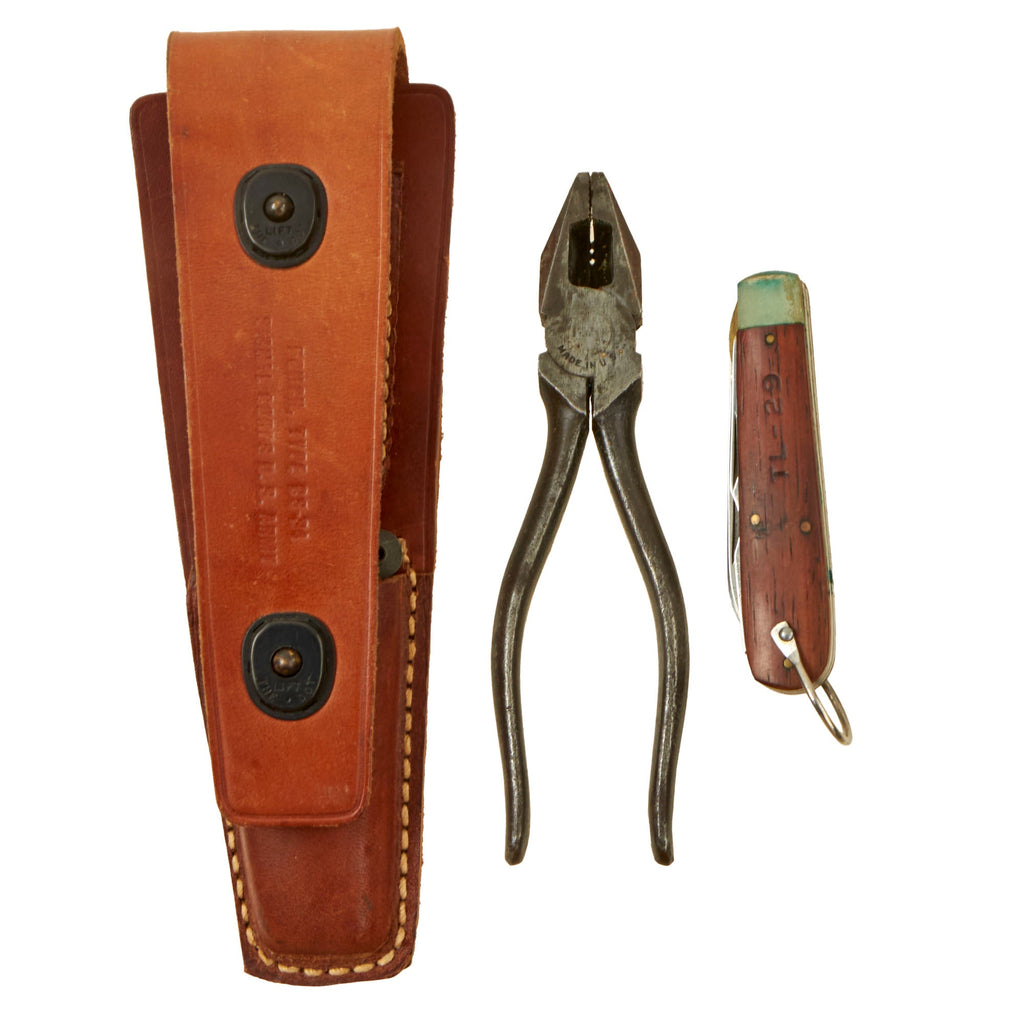 Original U.S. WWII US Army Signal Corps Lineman’s Tool Set With CS-34 Leather Pouch, TL-29 Pocket Knife and TL-13-A Pliers Original Items