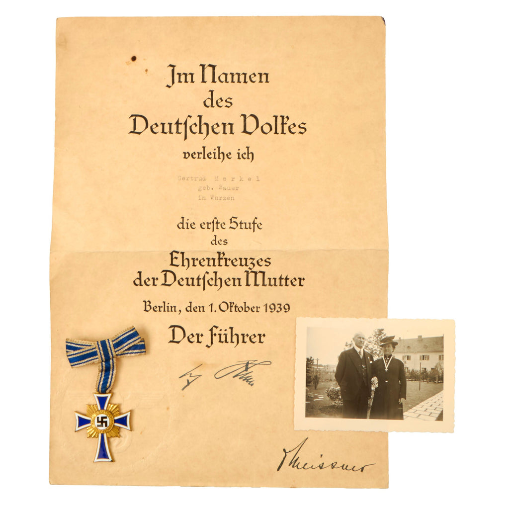 Original German WWII 1st Class Gold Mother’s Cross with Named Award Document and 1940 Dated Photograph Original Items
