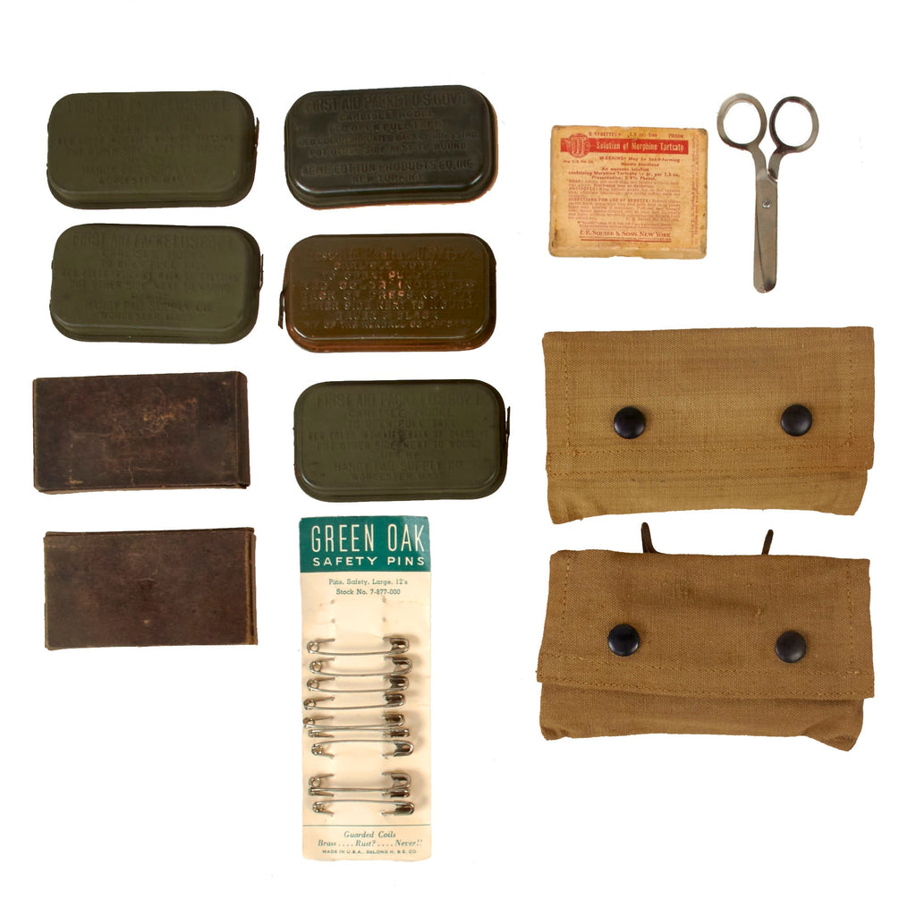 Original U.S. WWII Combat Medic Lot with Empty Morphine Syrette Box by E.R. Squibb & Sons of New York and 9 Carlisle Bandages - 14 Items Total Original Items