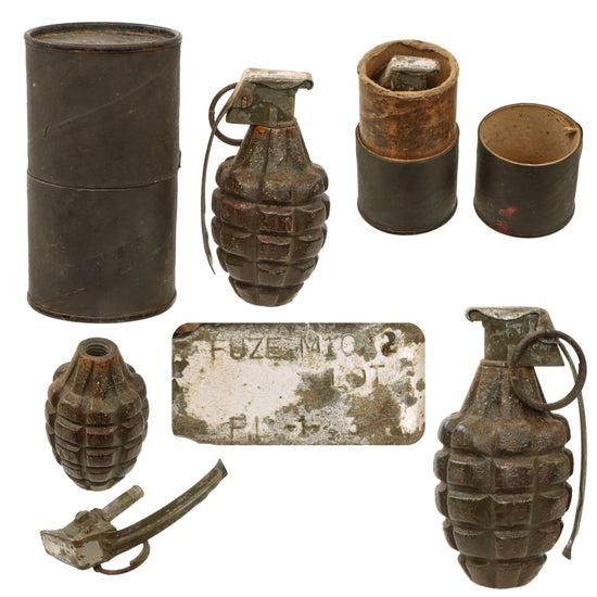 Original U.S. WWII Inert Service-Worn MkII Pineapple Grenade with Yellow Ring & M10A2 Fuze in Husk Original Items
