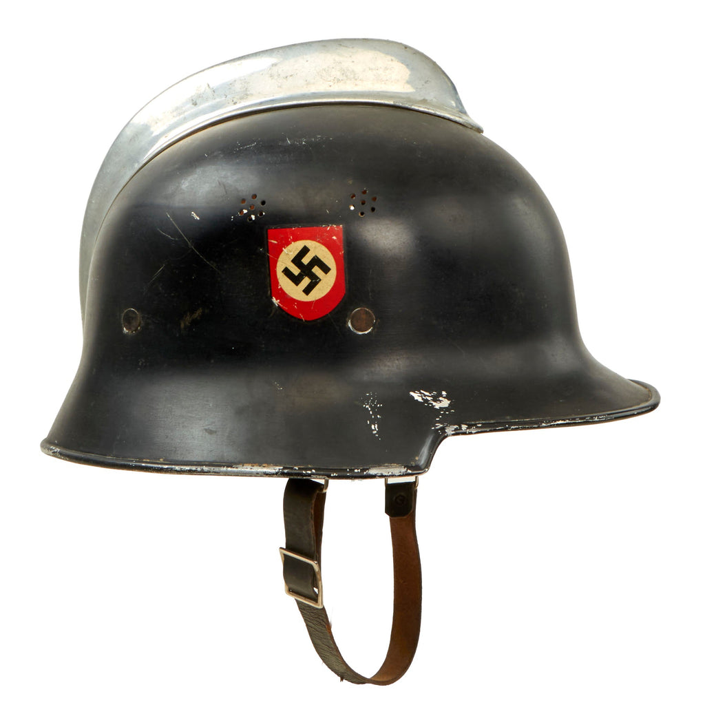 Original German WWII M34 Civic Square Dip Aluminum Fire Police Helmet by BXF with Double Decals and Comb - Feuerwehr Helmet Original Items