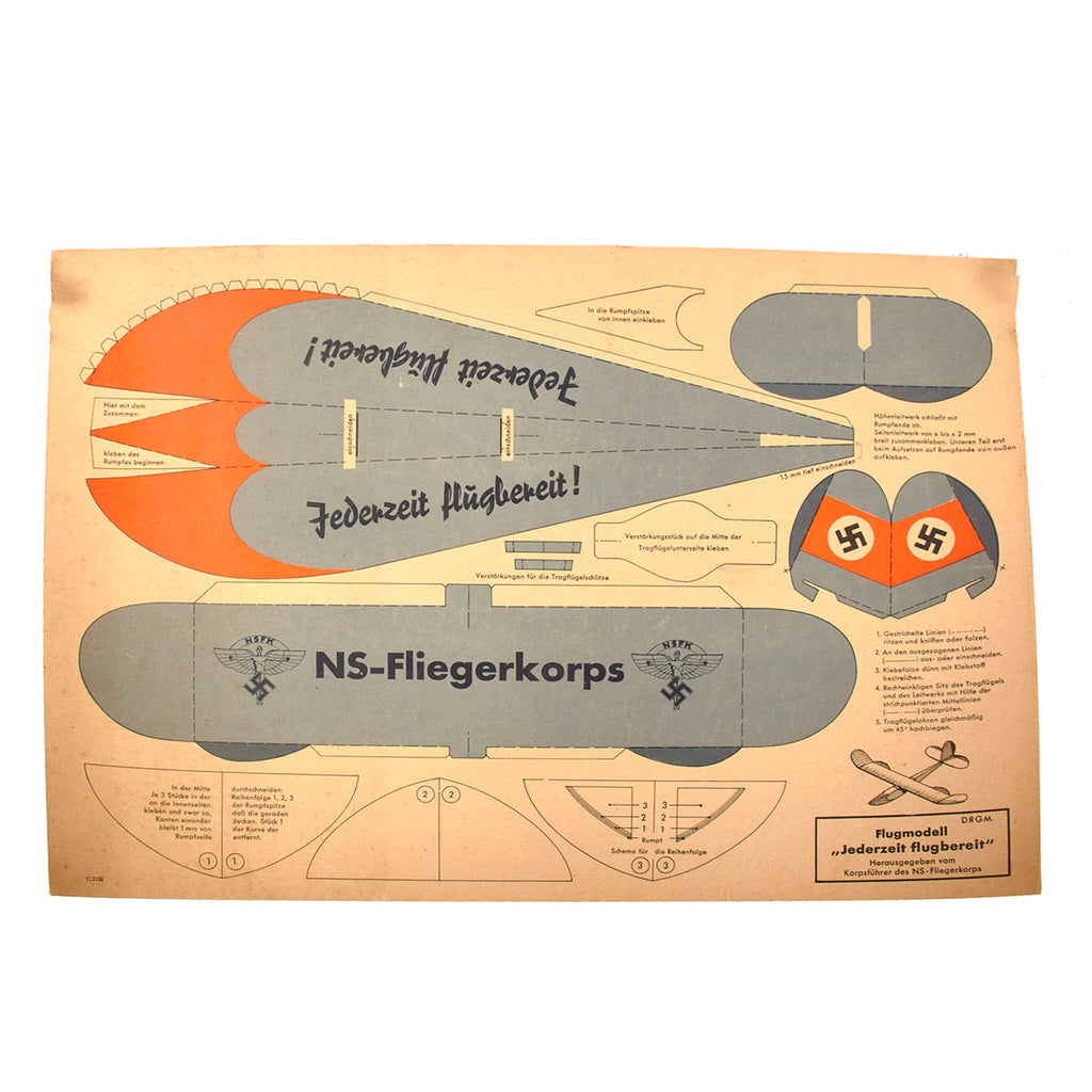Original German WWII NSFK National Socialist Flying Corps Unused Paper Model Airplane - Jederzeit flugbereit Original Items