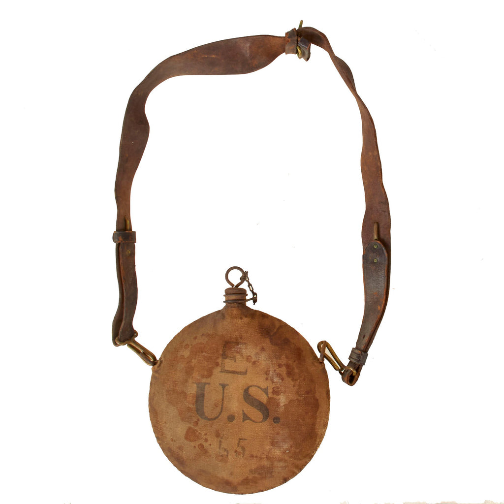Original U.S. Indian Wars / Spanish-American War Unit-Marked M1878 Canteen with Leather Shoulder Strap - 65th Infantry Regiment, Company E - Puerto Rico Regiment Original Items