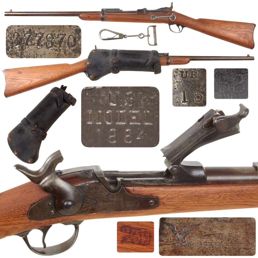 Original U.S. Springfield Trapdoor M1884 Saddle Ring Carbine Made in 1887 with Leather Boot Scabbard, Swivel Hook, and Cleaning Rod - Serial 377870 Original Items