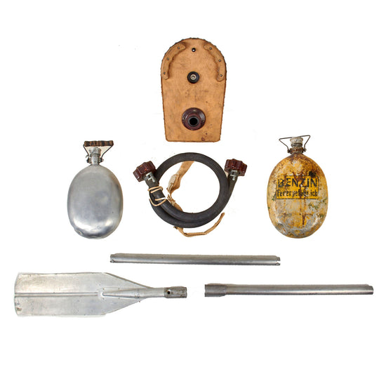 Original German WWII Luftwaffe Survival Dinghy Paddle Oar & Foot Air Pump with Bakelite-Capped Rubber Tube for Raft - Emergency Petrol & Water Canteens Original Items