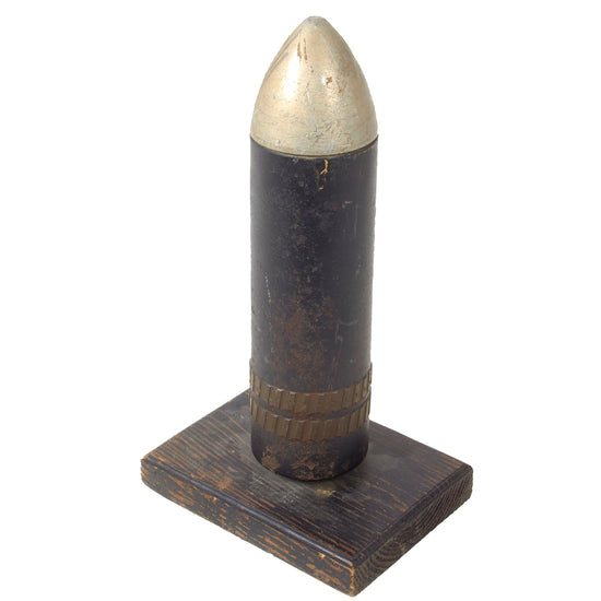 Original German WWII Inert Altered Artillery Round with Driving Bands on Wooden Display Base Original Items