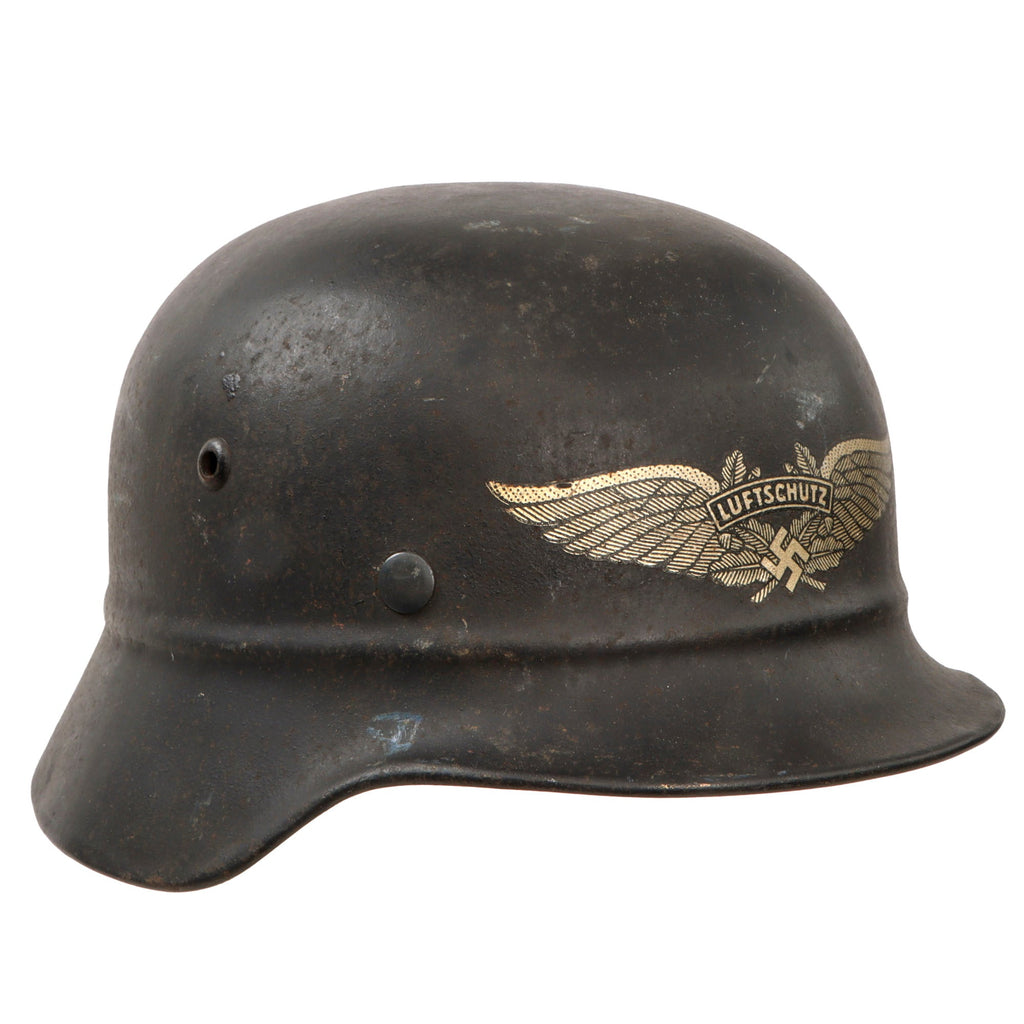 Original German WWII Luftschutz Civil Air Defense Beaded M35 Helmet with Plastic Chinstrap and Liner - Stamped EF66 Original Items