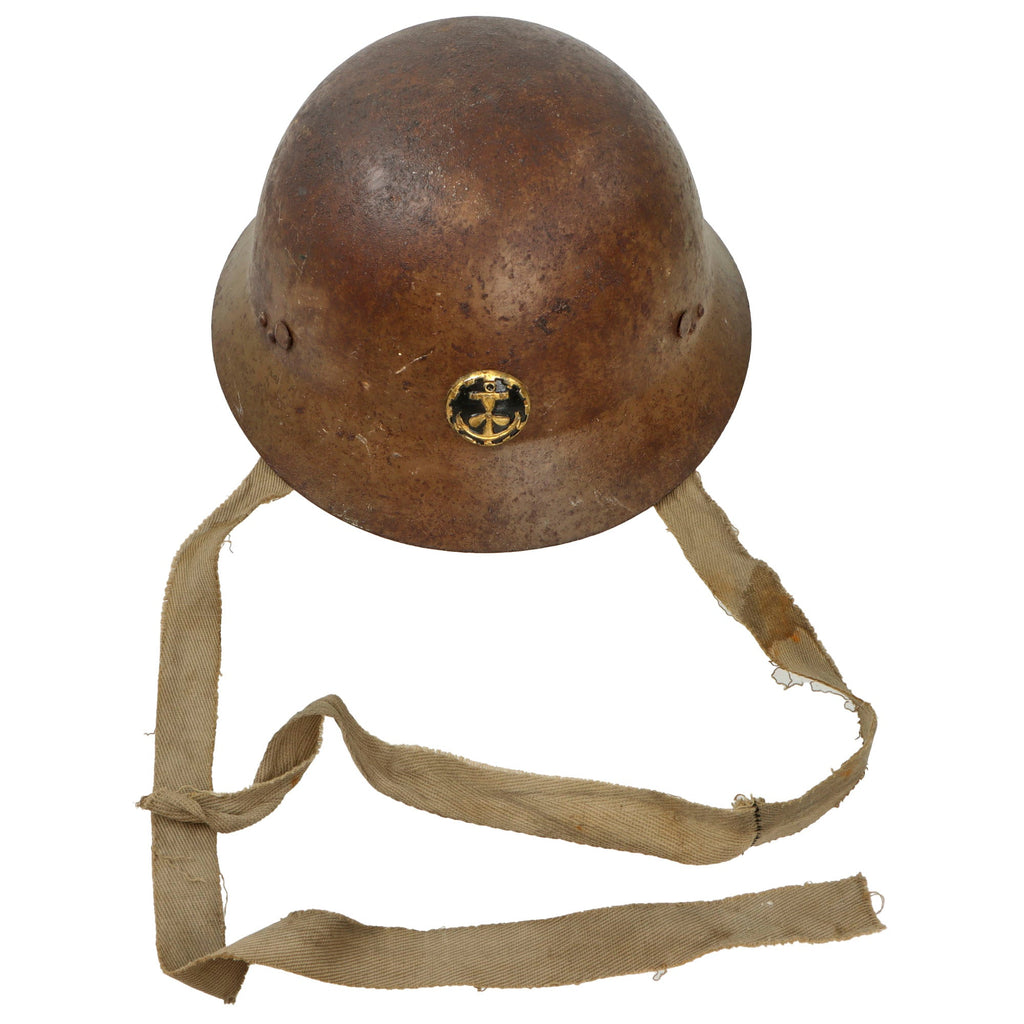 Original Imperial Japanese Army WWII Type 90 Civil Defense Helmet With Naval Shipbuilding Worker Badge - Complete Original Items