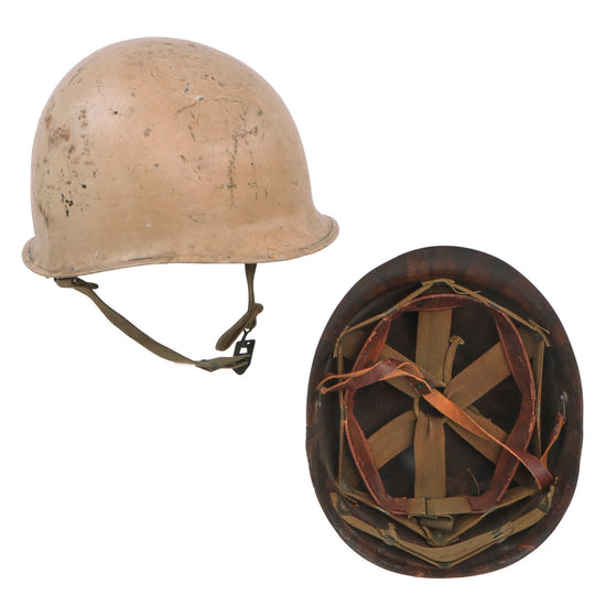 Original U.S. WWII Navy White-Painted Fixed Bale Front Seam McCord M1 Helmet with Matching White-Painted Firestone Liner Original Items