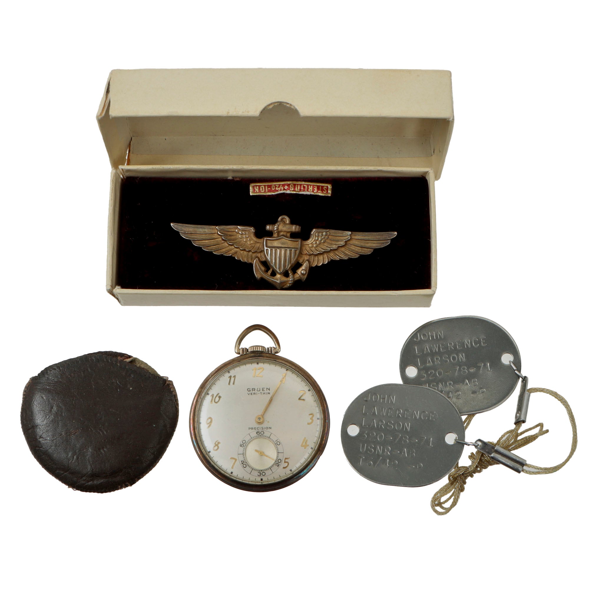 Original U.S. WWII Navy Dog Tag, Engraved Pocket Watch, and Boxed