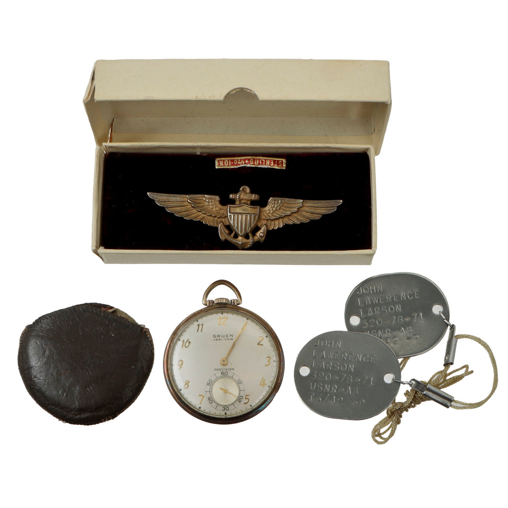 Original U.S. WWII Navy Dog Tag, Engraved Pocket Watch, and Boxed USN Pilot Wings of Chief Boatswain’s Mate John Lawrence Larson Original Items