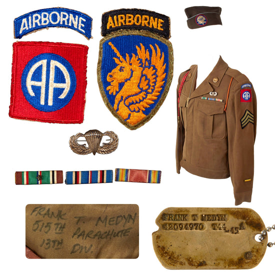 Original U.S. WWII 13th Airborne Division 82nd Airborne Division Ike Jacket Uniform with Dog Tag and Garrison Cap - Sergeant Frank T. Medyn, 515th & 504th PIR Original Items