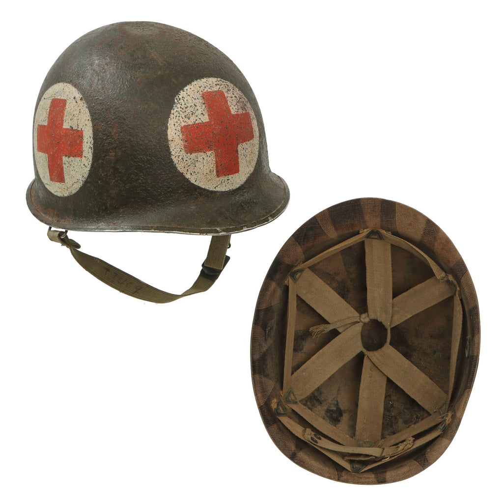 Original U.S. WWII Front Seam Swivel Bale M1 Helmet with CAPAC Liner - Replicated 4-Panel Medic Paint Original Items