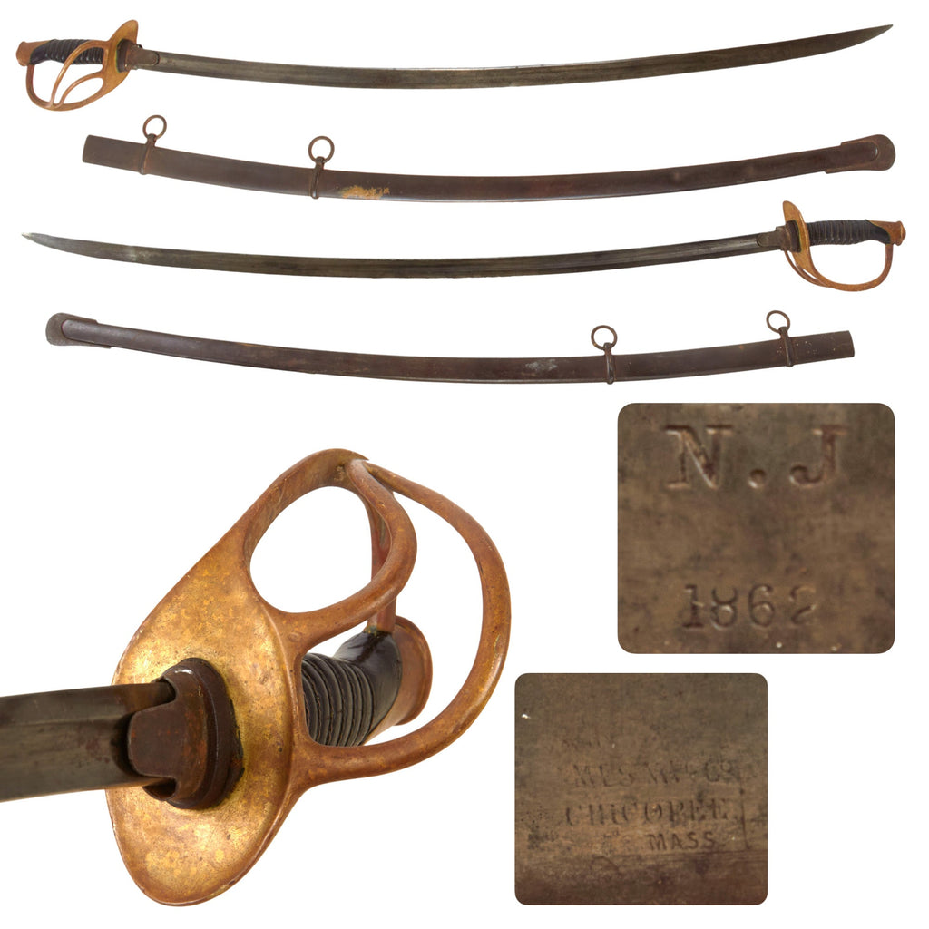 Original U.S. Civil War New Jersey Model 1860 Light Cavalry Saber with Scabbard by Ames of Chicopee, Mass. - Dated 1862 - Broken Scabbard Throat Original Items
