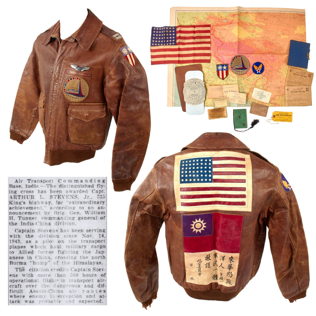 Original U.S. WWII CBI C-46 C-47 B-25 Pilot Distinguished Flying Cross Recipient Captain Arthur Leigh Stevens’ A2 Flight Jacket with Blood-Chit & Theater-Made Leather Patches - Named “Dead Reckoning” Flight Calculator & Ephemera Original Items
