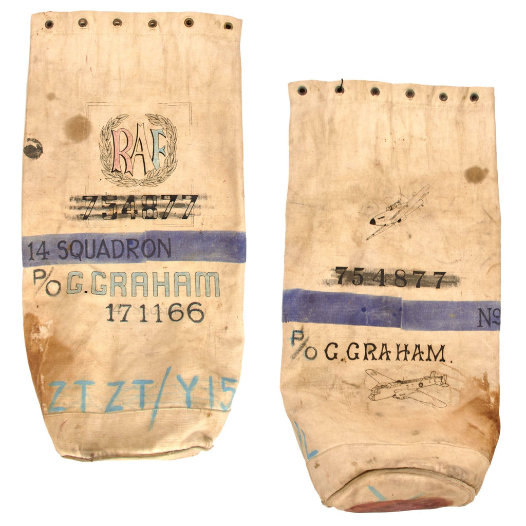 Original British WWII No. 14 Squadron Distinguished Flying Medal Recipient Flight Lieutenant George Gilbert Graham’s Decorated Duffel Bag - Shot Down Me 323 Original Items