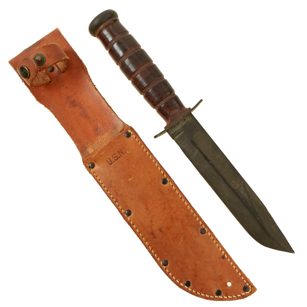 Original U.S. WWII USN “First Model” Early War KA-BAR Fighting Knife by CAMILLUS in Leather Sheath Original Items