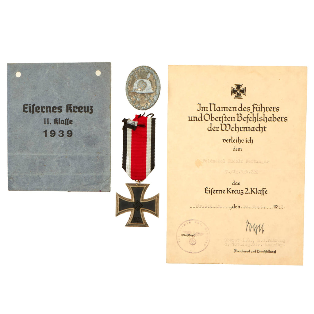 Original German WWII Iron Cross 2nd Class 1939 EKII with Award Document, Packet, Ribbon, and Silver Wound Badge - 229th Jäger Regiment Original Items
