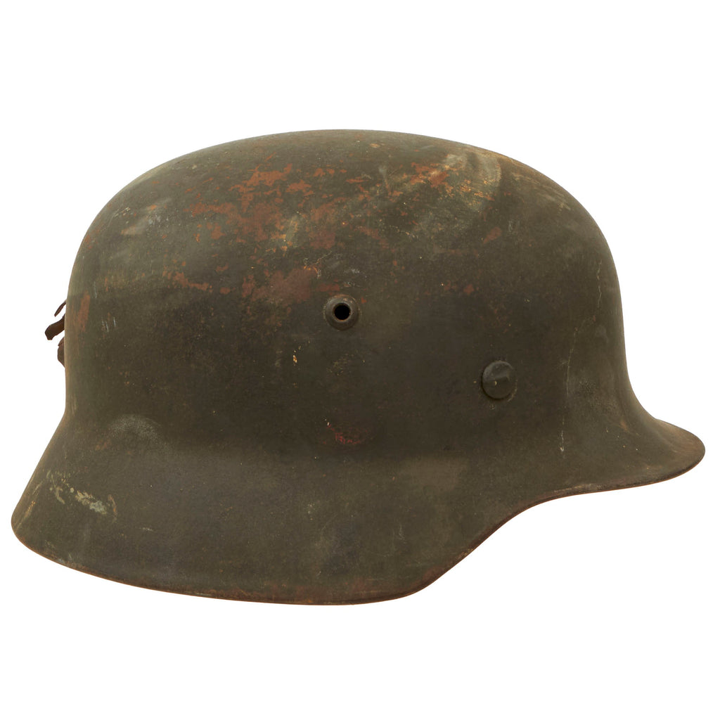 Original German WWII Heer Army M35 Former Double Decal KIA Shot Through Helmet with Damaged 58cm Liner - Stamped Q66 Original Items