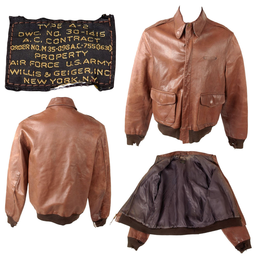 Original U.S. WWII Army Air Forces Type A2 Leather Flight Jacket by Willis & Geiger with Replaced Lining & Damage Original Items