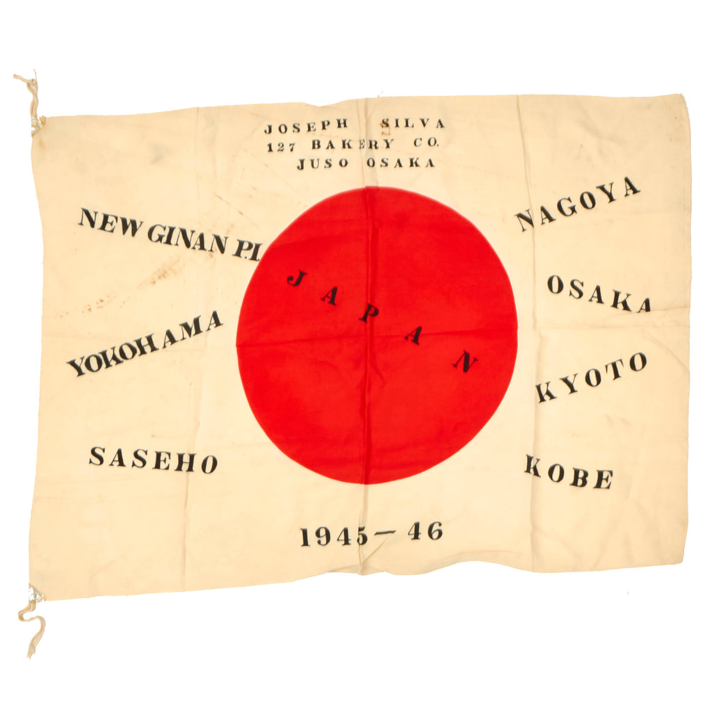 Original Japanese WWII U.S. 127th Bakery Company Captured Occupation Meatball Flag with Stenciled Travel Diary - Joseph Silva - 26½ x 36”