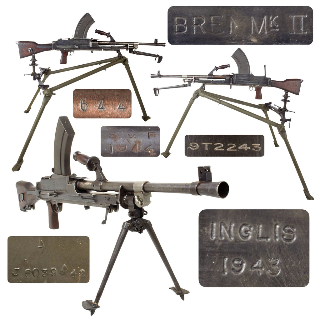 Original British WWII 1943 Dated Bren MkII Display Light Machine Gun by INGLIS Serial 9T2243 with Live Barrel, 1942 Dated MkII Tripod, and Magazine Original Items
