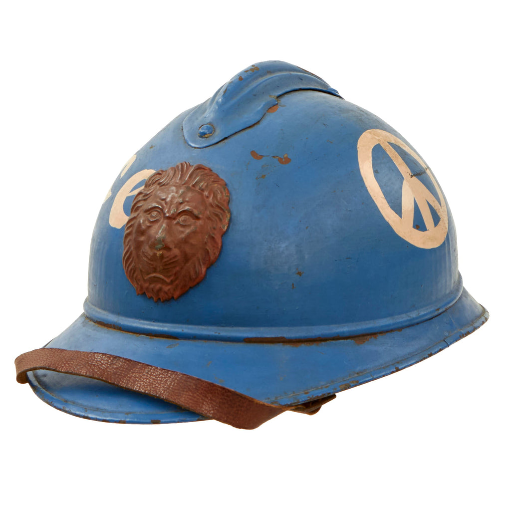Original Belgian WWI Issue French Model 1915 Adrian Helmet with Lion Head Badge Painted for French Peace Protest in 1974 with Inscriptions Original Items