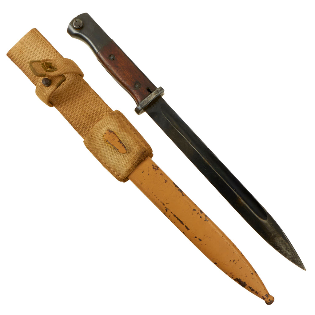 Original German WWII 98k Bayonet by Elite-Diamant with DAK Tropical Painted Scabbard & Web Frog - Dated 1935 Original Items