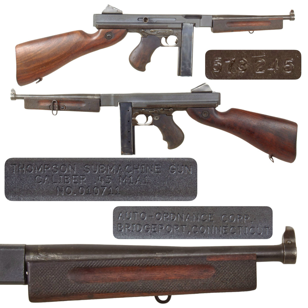 Original U.S. WWII Thompson M1A1 Display Submachine Gun Serial 573245 with Live Barrel, British Fore Stock, and Magazine Original Items