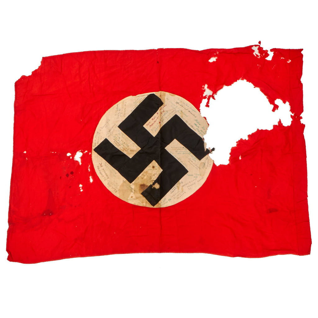 Original German WWII U.S. 30th Infantry Division Captured Flag with 42 Signatures Including USO Performer Jessica Lee with Patch & Collar Disc - 29½ x 42” Original Items