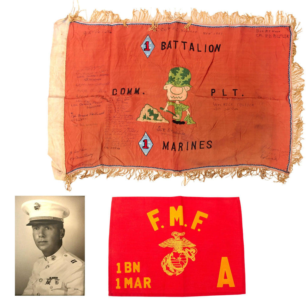 Original U.S. Vietnam War USMC Signed Theater-Made 1st Marines Flag Signed by 45 Marines with FMF Guidon Flag - Presented to C.O. Captain Robert Knowles - 16 x 25½” & 10 x 13½” Original Items