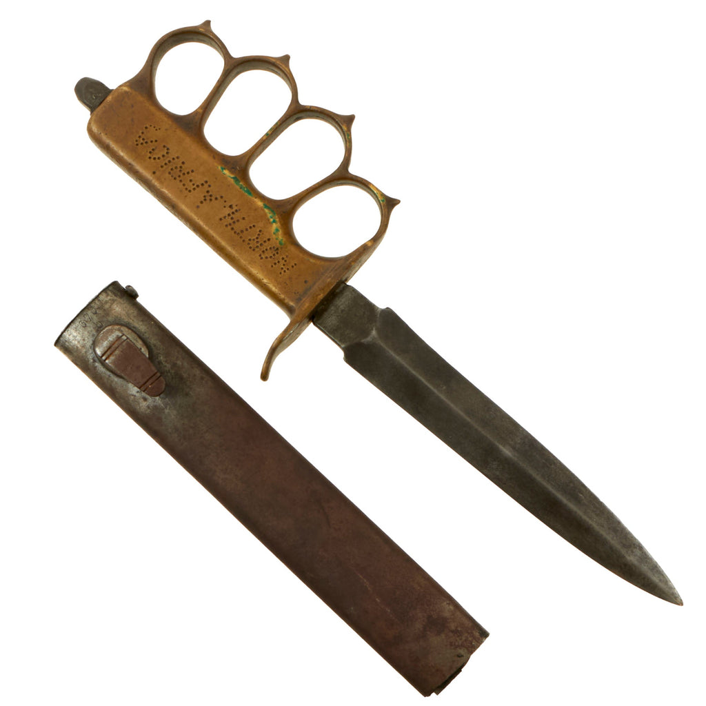 Original U.S. WWI WWII “North Africa” Model 1918 Mark I Trench Knife by L. F. & C. with Au Lion Blade & Captured & Cut-Down German K98 Bayonet Scabbard Original Items